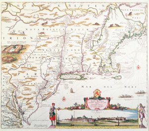 Mapa de Nueva Bélgica con una Vista de Nueva Ámsterdam, compilado por Nicolaes Visscher c.1651-55
